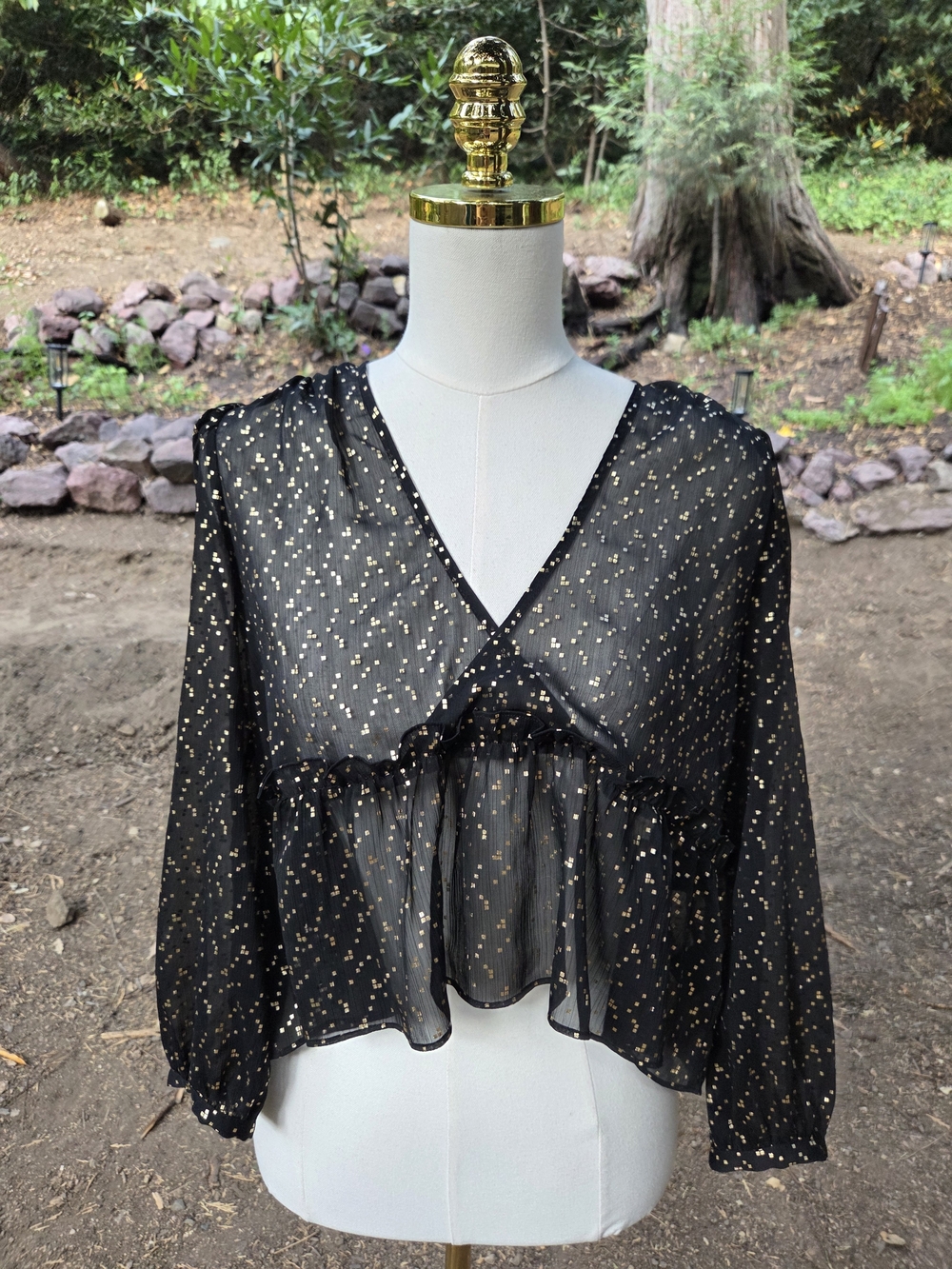Aritzia Sunday Best Black Sheer Blouse with Gold Dot Print Size Small